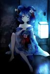  1girl bare_shoulders barefoot blue_eyes blue_hair flower glowing hair_flower hair_ornament hair_rings hair_stick japanese_clothes kaku_seiga kimono lantern looking_at_viewer night off_shoulder shawl short_hair sitting smile solo touhou undressing uranaishi_(miraura) 