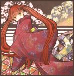  1girl alternate_costume arcana_famiglia ball butterfly clouds covering_mouth felicita floral_print green_eyes hair_ribbon japanese_clothes kimono long_hair mayupon1114 redhead ribbon twintails 