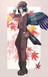  1girl :d ankle_boots ass bird_girl bird_tail bird_wings black_boots black_hair black_wings boots border breasts brown_border brown_hat brown_jacket brown_pants collared_shirt commentary_request earrings eyelashes feather_earrings feathered_wings feathers from_side full_body hair_between_eyes hand_in_pocket hand_on_headwear hat highres huge_ass jacket jewelry long_finger long_sleeves looking_at_viewer looking_to_the_side medium_hair necktie newsboy_cap outside_border pants pointy_ears red_nails red_necktie shameimaru_aya shameimaru_aya_(newsboy) shirt sidelocks skirt skirt_set small_breasts smile solo souken_bicha standing tail tengu touhou white_shirt wings 
