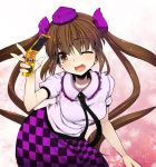  1girl blush brown_eyes brown_hair cellphone checkered checkered_skirt hair_ribbon hat himekaidou_hatate long_hair necktie phone ribbon rougetsu_(eclipse) skirt solo tokin_hat touhou twintails very_long_hair wink 