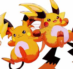  blue_eyes closed_mouth fang highres mega_pokemon mega_raichu_x mega_raichu_y multiple_tails no_humans open_mouth orange_fur pokemon pokemon_(creature) pokemon_focus pokemon_legends:_z-a raichu red_eyes simple_background smile su_(sajo_su5) tail very_long_ears very_long_tail yellow_fur 
