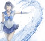  1girl annindouf bishoujo_senshi_sailor_moon blue_hair closed_eyes elbow_gloves gloves miniskirt mizuno_ami outstretched_arm pleated_skirt realistic sailor_collar short_hair skirt solo water white_background white_gloves 