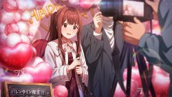  1girl 2boys balloon blurry blurry_foreground breasts brown_eyes brown_hair camera coat commentary_request depth_of_field dress earrings game_cg happy_valentine heart_balloon hetero idolmaster idolmaster_million_live! idolmaster_million_live!_theater_days jewelry lens_flare long_hair long_sleeves multiple_boys official_art plaid_clothes plaid_dress ponytail red_eyes side-by-side standing tanaka_kotoha third-party_source tripod valentine white_coat 