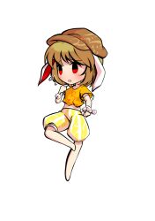  1girl animal_ears barefoot blonde_hair chibi chibi_only commentary_request dairi dango flat_cap floppy_ears food full_body hat holding large_variant_set midriff orange_shirt pants parody rabbit_ears ringo_(touhou) shirt skewer solo style_parody tachi-e touhou transparent_background variant_set wagashi 