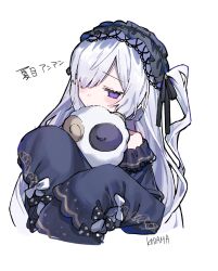  1girl asaseshin bow dress empty_eyes gothic_lolita hair_over_one_eye hairband headband highres holding holding_stuffed_toy kedama_(kedamat6u) lolita_fashion lolita_hairband long_hair magical_girl mahou_shoujo_no_majo_saiban natsume_anan polka_dot polka_dot_bow purple_dress purple_headband simple_background sleeves_past_fingers sleeves_past_wrists solo stuffed_animal stuffed_sheep stuffed_toy tied_sleeves upper_body very_long_hair violet_eyes white_background white_hair 