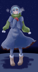  1boy 2channel 2channel_(/livejupiter/) aile-kun blue_eyes blue_hair blue_sky blush boots breath brown_boots closed_mouth commentary_request crossdressing crossdressing_(mtf) dress earmuffs full_body fur-trimmed_boots fur_trim green_scarf grey_dress grey_hairband grey_pantyhose hairband highres itini-sanshi long_sleeves looking_at_viewer male_focus mittens night outdoors pantyhose red_mittens scarf short_hair sky smile solo standing star_(sky) starry_sky trap 