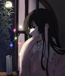  1girl absurdres bamboo black_eyes black_hair blunt_bangs bow bowtie branch buttons collared_shirt commentary_request covering_own_mouth crying crying_with_eyes_open dark eyelashes frilled_shirt_collar frills full_moon highres hime_cut houraisan_kaguya indoors jeweled_branch_of_hourai krmtknkoo1582 long_hair long_sidelocks long_sleeves looking_outside moon moonlight night night_sky pink_shirt pointy_nose round_window sad shirt sidelocks sky sleeves_past_fingers sleeves_past_wrists solo straight_hair streaming_tears tears touhou upper_body vase white_bow white_bowtie wide_sleeves window 