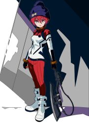  1girl amate_yuzuriha aqua_eyes axe beanie bodysuit breasts fuji_(f_ukkami) gundam gundam_gquuuuuux hat heat_hawk highres holding holding_axe looking_at_viewer mecha_pilot_suit multicolored_bodysuit open_mouth red_hair science_fiction short_hair solo 