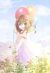  absurdres balloon blue_eyes brown_hair child flower hair highres original ribbon short_hair sky smile 