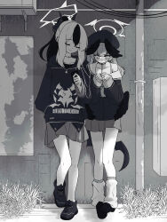  2girls absurdres beret blue_archive blush closed_eyes closed_mouth earphones embarrassed full_body greyscale halo hand_in_pocket hat head_wings highres holding holding_phone hood hood_down hoodie horns kayoko_(blue_archive) koharu_(blue_archive) long_hair loose_socks low_twintails low_wings manmaderain miniskirt monochrome multiple_girls outdoors phone pleated_skirt ponytail school_uniform serafuku shared_earphones skirt smile socks twintails wings 