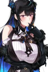  1girl black_bow black_bowtie black_gloves black_hair black_vest blue_hair bow bowtie breast_strap breasts closed_mouth clothing_cutout collared_shirt colored_inner_hair dress_shirt feather-trimmed_sleeves flower flower_knot framed_breasts gloves hair_ornament hand_up highres hololive hololive_english horn_flower large_breasts liyan1112 long_hair long_sleeves looking_at_viewer mole mole_under_eye multicolored_hair nerissa_ravencroft nerissa_ravencroft_(1st_costume) ribbed_shirt shirt shoulder_cutout sidelocks simple_background slit_pupils solo tassel tassel_hair_ornament upper_body very_long_hair vest virtual_youtuber white_background white_shirt 
