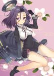  1girl bare_legs blush breasts gloves hayama_eishi kantai_collection large_breasts loafers looking_at_viewer personification purple_hair shoes short_hair sitting smile solo tatsuta_(kantai_collection) violet_eyes wariza 