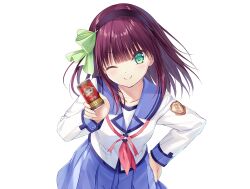  1girl ;) angel_beats! blue_skirt can closed_mouth collarbone drink_can green_eyes green_ribbon hair_ribbon hairband hand_on_own_hip holding holding_can long_sleeves looking_at_viewer medium_hair nakamura_yuri neck_ribbon official_art one_eye_closed pink_ribbon pleated_skirt purple_hair purple_hairband ribbon school_uniform shinda_sekai_sensen_uniform shirt simple_background skirt smile solo tachi-e transparent_background white_shirt 