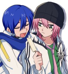  2boys 66_(roro) beanie blue_hair closed_eyes coat food green_eyes hat holding holding_food holding_popsicle hood hood_down hoodie imminent_bite kaito kaito_(vocaloid) long_hair long_sleeves looking_at_another looking_to_the_side male_focus multiple_boys necktie neko_chenna open_clothes open_hoodie open_mouth pink_hair popped_collar popsicle scarf short_hair smile upper_body vocaloid vy2 