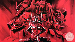  1boy aiming artist_name bazooka_(gundam) beam_rifle char_aznable closed_mouth commentary energy_gun english_text gelgoog_s_char_custom glowing glowing_eyes gundam helmet looking_at_viewer mecha military_uniform mobile_suit mobile_suit_gundam one-eyed red_theme rick_dom_char_custom robot rx-78-2_gundam solo upper_body v-fin weapon z'gok_char_custom zaku_ii_s_char_custom zeon zeong zinyart 