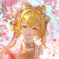  1girl :d blonde_hair braid branch chinese_clothes flower green_eyes hair_flower hair_ornament hanfu looking_at_viewer low_twin_braids open_mouth pink_flower pink_hanfu portrait reverse:1999 shiyu_(8758858463) shuangyaji smile solo sotheby sotheby_(the_red_thread_of_fate) teeth twin_braids upper_teeth_only 