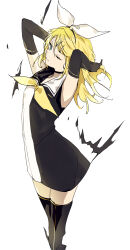  1girl arched_back armpits arms_up bare_shoulders black_choker black_dress black_gloves black_hairband black_sailor_collar black_thighhighs blonde_hair blue_eyes bow bow_hairband choker closed_mouth commentary cowboy_shot dress elbow_gloves gloves hair_between_eyes hair_ornament hairband hairclip hands_in_own_hair highres kagamine_rin korean_commentary legs_together looking_at_viewer lpip medium_hair multicolored_sailor_collar neckerchief one_eye_closed parallel_hairclips roshin_yuukai_(vocaloid) sailor_collar sailor_dress short_dress simple_background sleeveless sleeveless_dress solo split-color_clothes split_mouth standing thigh-highs two-tone_dress two-tone_sailor_collar vocaloid white_background white_bow white_dress white_sailor_collar yellow_neckerchief zettai_ryouiki 