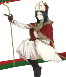  1girl absurdres black_pants blue_hair boots brown_gloves character_request cloak commentary_request copyright_request dress frilled_sleeves frills full_body gloves grey_boots hand_on_lap happy hat highres holding holding_staff krmtknkoo1582 long_hair long_sleeves medium_dress mitre outstretched_arm pants pointing pointing_forward red_cloak russian_clothes sidelocks sitting solo staff white_background white_dress white_hat 