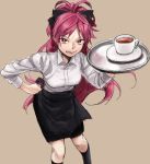  1girl apron bow coffee cup hair_bow hand_on_hip kyo-ani_love mahou_shoujo_madoka_magica ponytail red_eyes redhead sakura_kyouko skirt solo tongue tray waitress 