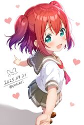 1girl :d aqua_eyes arms_up blush brown_shoes commentary_request dated full_body grey_sailor_collar grey_skirt heart highres kurosawa_ruby looking_at_viewer looking_back love_live! love_live!_sunshine!! medium_hair miniskirt neckerchief open_mouth outstretched_arms pleated_skirt rabineru red_hair red_neckerchief sailor_collar school_uniform serafuku shirt shoes short_sleeves sidelocks skirt smile solo spread_arms standing twitter_username two_side_up uranohoshi_school_uniform white_shirt 