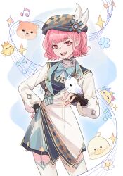  1girl ambird_(infinity_nikki) animal aqua_bow aqua_bowtie aqua_skirt baby_animal beret bib_collar bird bird_on_hand black_gloves black_shirt blue_background blue_flower blunt_bangs border bow bowtie brown_hat buttons checkered_hat chick chinese_commentary coat collared_coat collared_shirt colored_lapels commentary_request cowboy_shot daisy_(flower) dog duck eyelashes fingerless_gloves floof_(infinity_nikki) flower frilled_shirt_collar frills gifty_(nikki) gloves hand_on_own_hip hat hat_feather head_only high_collar highres infinity_nikki lapel_pin lapels long_sleeves looking_at_viewer meadow_symphony_(infinity_nikki) miniskirt musical_note musical_staff nikki_(nikki) nikki_(series) notched_lapels open_mouth outline outside_border pink_eyes pink_hair pleated_skirt puffy_long_sleeves puffy_sleeves ribbed_thighhighs shiba_inu shirt short_hair skirt smile solo sparkle standing teeth thigh-highs upper_teeth_only wavy_hair white_border white_coat white_flower white_outline white_thighhighs yanyi20232 