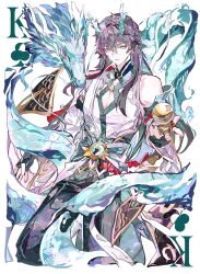  1boy absurdres arm_up asymmetrical_sleeves belt black_gloves black_hair black_pants card cleavage_cutout clothing_cutout club_(shape) cocoballking commentary cropped_legs dan_heng_(honkai:_star_rail) dan_heng_(imbibitor_lunae)_(honkai:_star_rail) detached_sleeves dragon dragon_boy dragon_horns earrings eyeliner fingerless_gloves fingernails gloves green_eyes green_hair hair_between_eyes highres holding honkai:_star_rail honkai_(series) horns hydrokinesis jewelry king_(playing_card) king_of_clubs long_hair looking_at_viewer makeup male_focus mandarin_collar multicolored_hair official_alternate_costume open_mouth orb pants piercing playing_card red_eyeliner red_hair shirt single_bare_shoulder single_detached_sleeve solo streaked_hair water white_background white_shirt wide_sleeves 