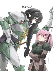  2girls absurdres armor astra_militarum blush breasts eldar elf english_text highres jo_p long_hair long_sleeves multiple_girls open_mouth original pink_eyes pink_hair pointy_ears ponytail smile warhammer_40k 