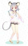  1girl alternate_costume animal_ears bare_shoulders blush detached_sleeves flower hair_flower hair_ornament jewelry looking_at_viewer minamura_haruki mouse_ears mouse_tail nazrin necklace pendant red_eyes rough short_hair shorts silver_hair smile solo tail touhou 