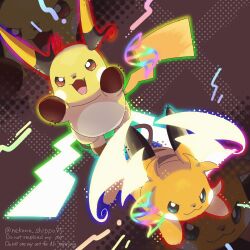  blue_eyes closed_mouth fang mega_evolution_symbol mega_pokemon mega_raichu_x mega_raichu_y multiple_tails nako_(nekono_shippo75) no_humans open_mouth orange_fur pokemon pokemon_(creature) pokemon_focus pokemon_legends:_z-a raichu red_eyes smile tail very_long_ears very_long_tail yellow_fur 