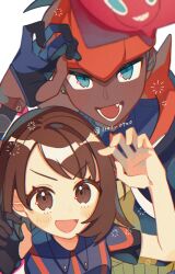  1boy 1girl black_hair black_hoodie blush brown_eyes brown_hair cosplay dark-skinned_male dark_skin gloria_(pokemon) gloves headband highres hood hoodie looking_at_viewer open_mouth orange_headband partially_fingerless_gloves pokemon pokemon_swsh raihan_(pokemon) raihan_(pokemon)_(cosplay) rotom rotom_phone shirt short_hair smile sumeragi1101 teeth upper_body 
