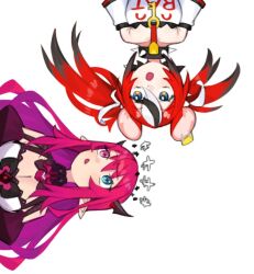  2girls animal_ears black_hair blue_eyes collar dasdokter dress hakos_baelz hakos_baelz_(1st_costume) halo heterochromia hololive hololive_english irys_(hololive) irys_(irys_1.0)_(hololive) long_hair mouse_ears mouse_girl multicolored_hair multiple_girls open_mouth pointy_ears purple_hair red_hair skirt spiked_collar spikes streaked_hair twintails very_long_hair virtual_youtuber white_background white_hair 