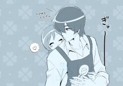  1boy 1girl apron artist_name bob_cut closed_eyes clover clover_background collarbone cooking couple facing_to_the_side flirting four-leaf_clover hands_on_another's_hands happinesscharge_precure! heart heart-shaped_pupils highres hug hug_from_behind long_sleeves mature_male neck oomori_yuuko parted_bangs phantom_(happinesscharge_precure!) precure shirt short_hair smile symbol-shaped_pupils turning_around twitter_username wasa7subi watermark white_shirt 