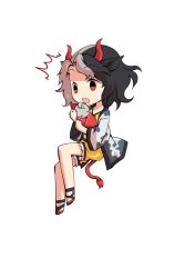  1girl animal_ears animal_print black_hair chibi chibi_only commentary_request cow_ears cow_girl cow_horns cow_print cow_tail dairi frilled_shorts frills full_body haori horns japanese_clothes large_variant_set multicolored_hair red_horns red_sandals red_tail sandals short_hair shorts solo split-color_hair tachi-e tail touhou transparent_background two-tone_hair ushizaki_urumi variant_set yellow_shorts 