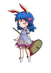  1girl animal_ears bloomers blue_dress blue_hair chibi chibi_only commentary_request dairi dress full_body kine large_variant_set mallet puffy_short_sleeves puffy_sleeves rabbit_ears seiran_(touhou) short_dress short_sleeves socks solo tachi-e touhou transparent_background variant_set white_bloomers white_socks 