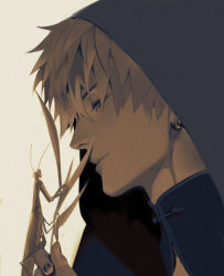  1boy bug closed_mouth crimzon_ruze earrings hair_between_eyes holding holding_bug holding_plant holostars holostars_english hood hood_up jewelry looking_at_animal nail_polish plant portrait praying_mantis screetuber virtual_youtuber 