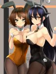  2girls animal_ears ass bare_shoulders black_hair black_legwear breasts brown_eyes brown_hair bunny_girl bunny_tail bunnysuit cleavage detached_collar female green_eyes haik highres kantai_collection large_breasts looking_at_viewer multiple_girls mutsu_(kantai_collection) nagato_(kantai_collection) pantyhose rabbit_ears rough short_hair tail 