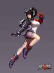  1girl bare_legs black_hair boots breasts cross-laced_footwear fighting_stance gloves grey_background lace-up_boots large_breasts long_hair official_art payot ponytail red_eyes ruriy shorts solo taut_clothes taut_shirt tencent_qq xuan_dou_zhi_wang 
