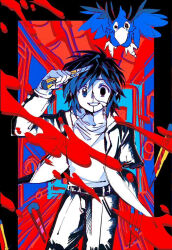  1boy amputee animal bird black_eyes blood blue_eyes blue_hair boxcutter camio_(randal&#039;s_friends) commentary_request cowboy_shot cracked_skin gakuran grin heterochromia holding holding_boxcutter jacket looking_at_viewer male_focus open_clothes open_jacket orochi_moko randal&#039;s_friends school_uniform short_hair smile solo standing tsukada_satoru 