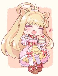  1girl ahoge animal_ears balloonpig_alma blonde_hair boots brown_boots button_hair_ornament cake cake_slice chibi closed_eyes crown dress drooling emil_chronicle_online food frilled_dress frills hand_on_own_cheek hand_on_own_face highres holding holding_plate musical_note open_mouth orange_background pig_ears pig_girl pink_dress plate red_ribbon ribbon smile solo spoken_musical_note thigh-highs white_thighhighs white_wrist_cuffs wrist_cuffs yusa_yuyu 