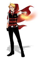  1boy ahoge argyle_clothes argyle_vest axis_powers_hetalia black_gloves black_pants blonde_hair cloak fire full_body glasses gloves green_eyes grin hiffuu highres hood hooded_cloak pants pyrokinesis rectangular_eyewear red_cloak smile standing wizard 