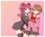  2girls atlus black_legwear blush bow brown_eyes brown_hair choker crossover cute heart kujikawa_rise long_hair looking_at_viewer megami_tensei moe multiple_girls open_mouth persona persona_3 persona_4 pleated_skirt purple_hair school_uniform short_hair skirt takeba_yukari thighhighs twintails v wink yuuhi_(ms1110) 