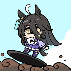  1girl animal_ears black_hair blue_sky bow brown_eyes clouds cup day hair_between_eyes horse_ears horse_girl horse_tail kawamochi_(tddm3573) long_hair long_sleeves manhattan_cafe_(umamusume) mug multicolored_hair outdoors pleated_skirt puffy_long_sleeves puffy_sleeves purple_shirt purple_skirt purple_thighhighs school_uniform shirt skirt sky solo standing surfboard surfing tail thigh-highs tracen_school_uniform two-tone_hair umamusume very_long_hair white_bow white_hair 