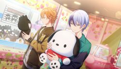  2boys aoyagi_touya badtz-maru blonde_hair blue_hair blurry bokeh brown_eyes brown_jacket character_doll character_name cherry closed_mouth colorful_palette crane_(machine) depth_of_field doll dutch_angle food fruit game_cg green_jacket grey_eyes highres holding holding_stuffed_toy jacket letterman_jacket looking_at_object multicolored_hair multiple_boys official_art orange_hair pochacco profile project_sekai red_shirt sanrio shinonome_akito shirt smile split-color_hair strawberry streaked_hair stuffed_toy third-party_source two-tone_hair white_shirt 