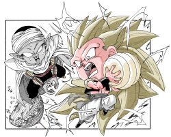  2boys abs aura ball black_vest blonde_hair chibi cropped_vest dragon_ball dragon_ball_z electricity fenyon gotenks highres holding holding_ball long_hair male_focus metamoran_vest midair multiple_boys no_eyebrows no_shirt open_clothes open_vest partially_colored piccolo pointy_ears spiky_hair super_saiyan super_saiyan_3 vest 