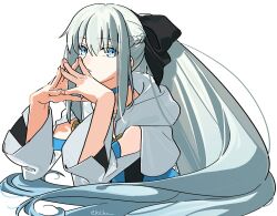  1girl black_bow blue_choker blue_eyes bow braid chietori choker clothing_cutout dress fate/grand_order fate_(series) grey_hair hair_bow half_up_braid highres hood hood_down hooded_shrug long_hair looking_at_viewer morgan_le_fay_(fate) morgan_le_fay_(second_ascension)_(fate) own_hands_together ponytail shrug_(clothing) sidelocks solo two-tone_dress very_long_hair white_background white_shrug 