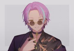  1boy aka_awoi bespectacled blue_hair border choker collared_shirt deep_dark_for_light_(project_sekai) ear_piercing earrings eyeshadow glasses grey_background grey_border hand_up highres jewelry kamishiro_rui looking_at_viewer makeup male_focus multicolored_hair official_alternate_costume official_alternate_hairstyle outside_border parted_hair parted_lips piercing project_sekai purple_choker purple_hair red_eyeshadow round_eyewear shirt short_hair smile solo streaked_hair stud_earrings two-tone_hair upper_body yellow_eyes 