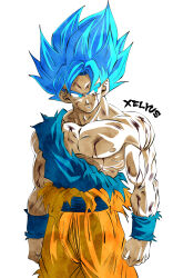  1boy artist_name bare_shoulders blood blood_on_face blue_eyes blue_hair blue_sash cowboy_shot dragon_ball dragon_ball_super highres medium_hair muscular muscular_male orange_pants pants sash shirt simple_background solo son_goku spiky_hair super_saiyan super_saiyan_blue torn_clothes torn_shirt white_background xelyus 