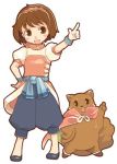  1girl animal arm_up artist_request brown_hair cape capri_pants gensou_suikoden gensou_suikoden_ii hairband hand_on_hip lowres mikumiku nanami pants pointing puffy_sleeves shoes short_hair squirrel white_background 