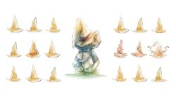  1boy asumi_chikyuu black_mage_(final_fantasy) blue_coat boots brown_boots brown_gloves coat facing_away final_fantasy final_fantasy_ix full_body gloves hand_on_headwear hands_on_headwear hat hat_ribbon highres male_focus pants ribbon solo standing striped_clothes striped_pants vivi_ornitier white_background wizard_hat yellow_hat 