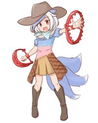  1girl bear_trap black_boots blue_hair boots brown_hat commentary_request commission cosplay cowboy_hat dog_tail dress extra_tails fang full_body hat kurokoma_saki kurokoma_saki_(cosplay) looking_at_viewer mitsugashira_enoko mizusoba multicolored_dress multicolored_hair open_mouth red_eyes short_hair simple_background skin_fang solo streaked_hair tail touhou white_background white_hair 